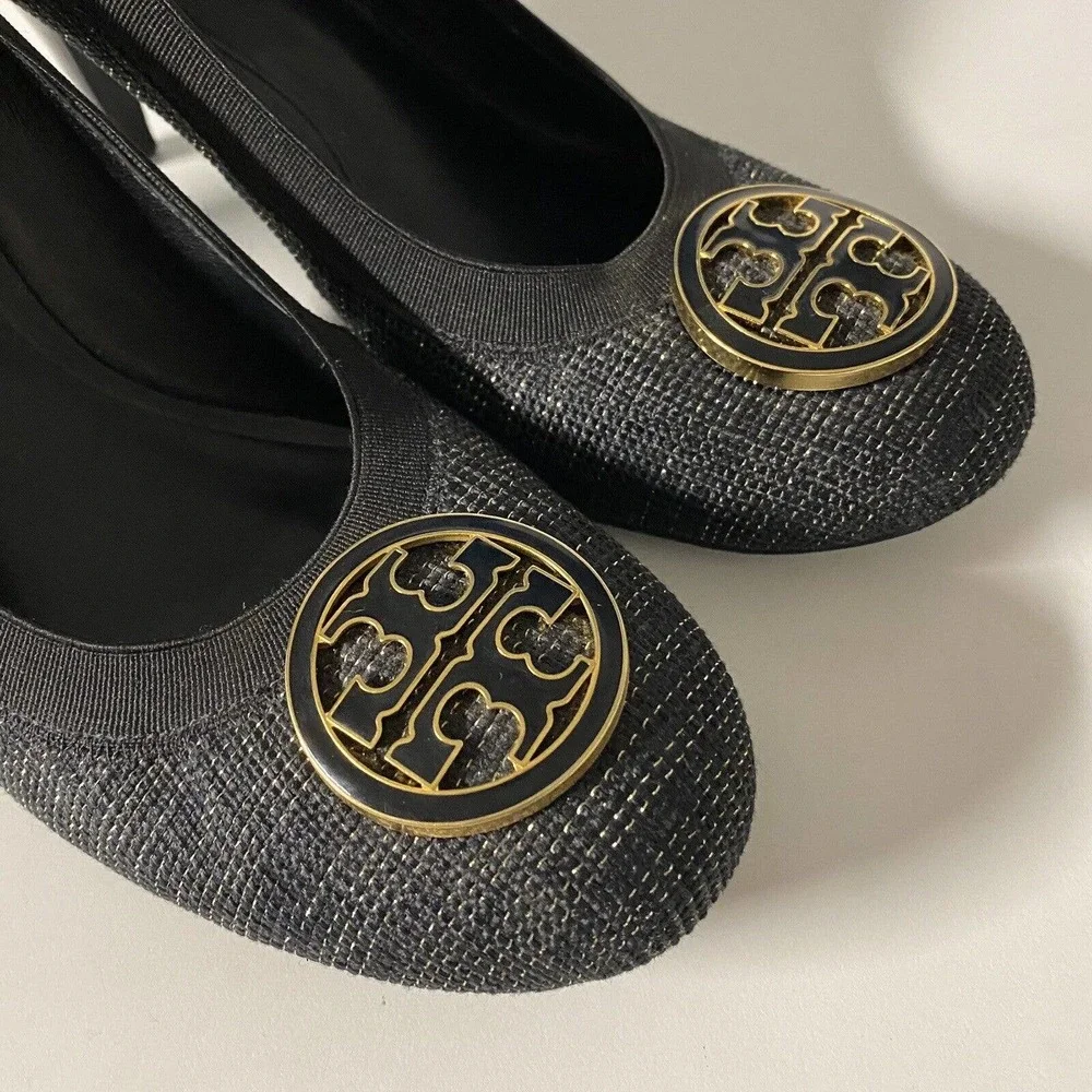 Tory Burch Pump Caroline Tweed Black Gold Round Toe Logo 9 M 3